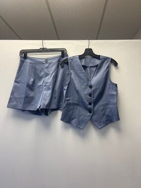 SHEIN Light Blue Button-Up Vest and High-Waist Shorts Set